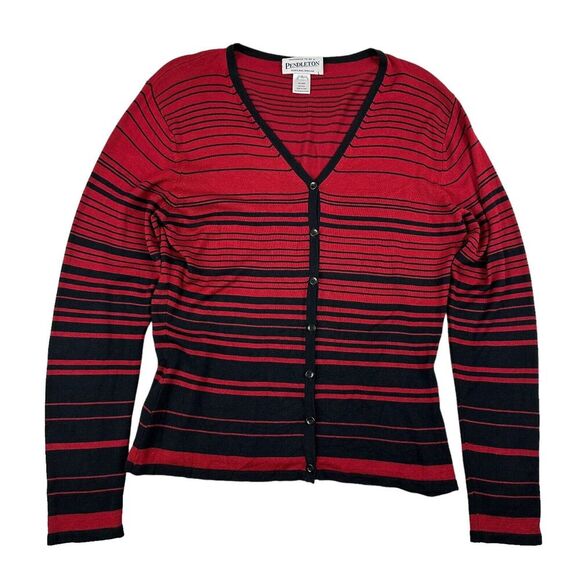 Pendleton Women’s Red Black Striped 100% Silk Cardigan Long Sleeve V-Neck Sz L - Picture 1 of 8